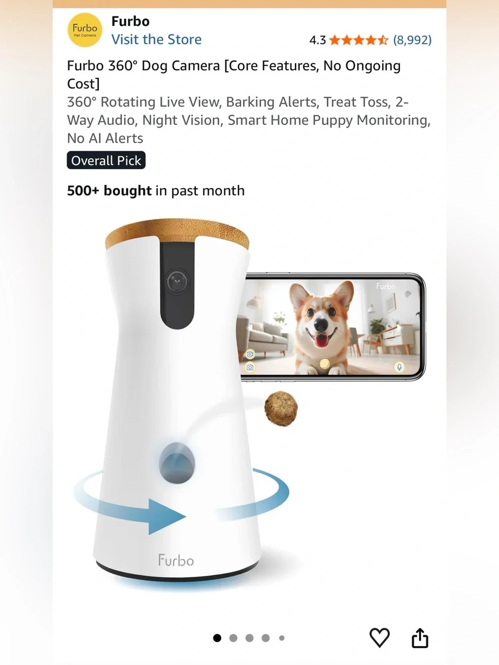 Furbo White Dog Camera with Treat Toss - Pet Monitoring & Interaction